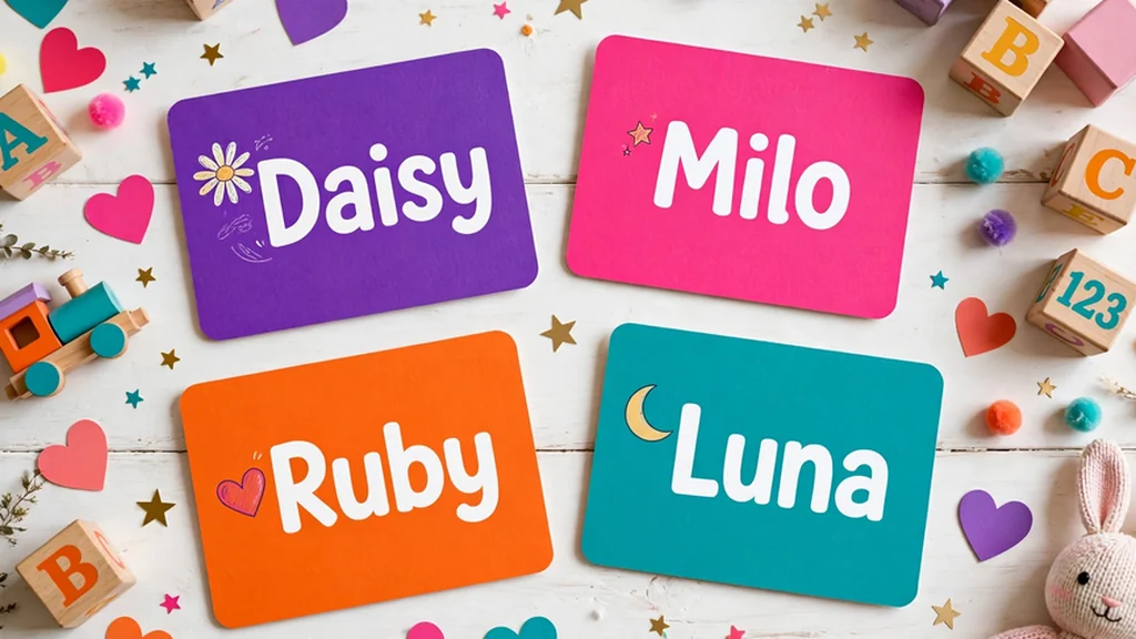 Colorful cute baby name cards for Daisy, Milo, Ruby and Luna on a white table