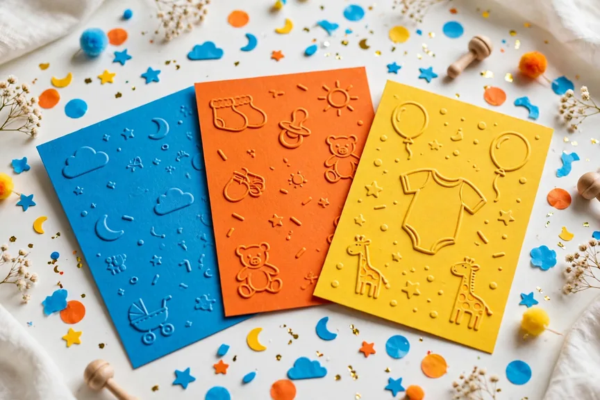 Colorful cute baby boy name cards in blue, orange and yellow on a white table