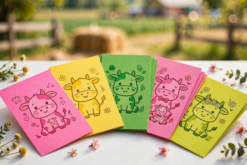 Colorful name cards with cute cow names in bright pink, yellow and green on a white table