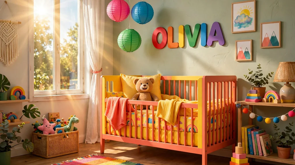 Bright rainbow baby nursery with a colorful Olivia name sign and teddy bear in the crib