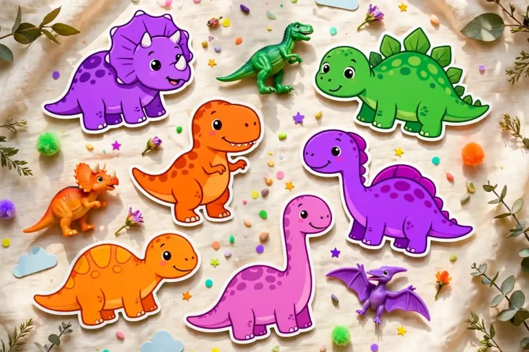 Colorful dinosaur names list on playful cartoon dino name cards