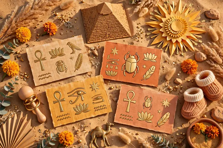 Egyptian names on golden pyramid name cards
