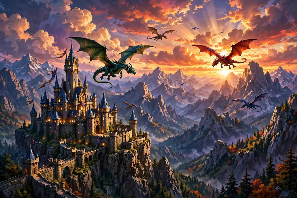 Epic fantasy last names with castle and dragon art