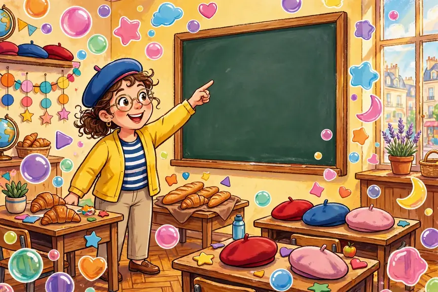 Vibrant colorful illustration of a cheerful French classroom scene for French boy names pronunciation