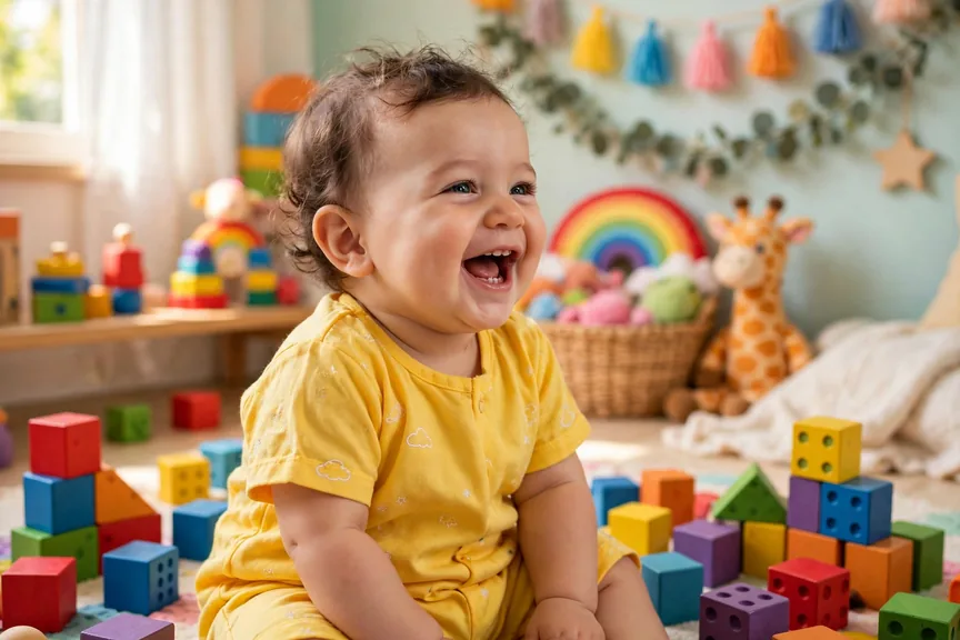 Laughing baby in a bright yellow outfit playing with colorful toy blocks