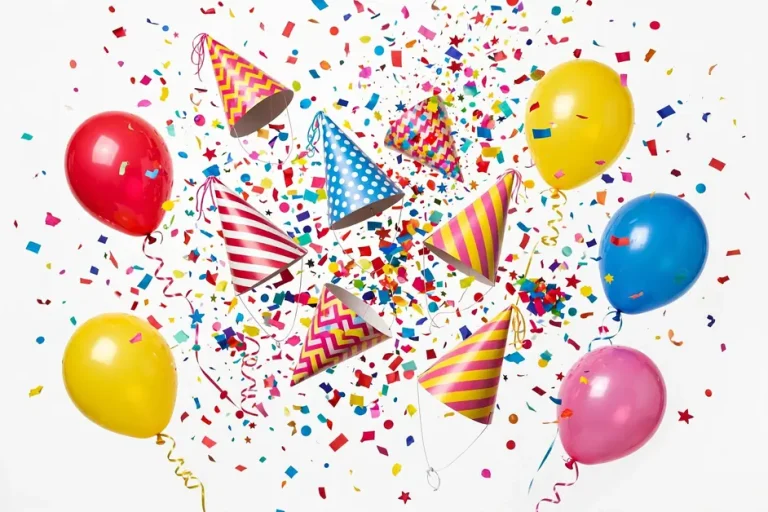 Vibrant party scene with colorful confetti, balloons and laughing emoji-style decorations in bold saturated colors
