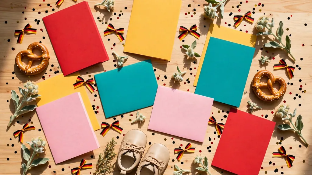 Colorful German-inspired name cards with black-red-gold confetti and edelweiss flowers
