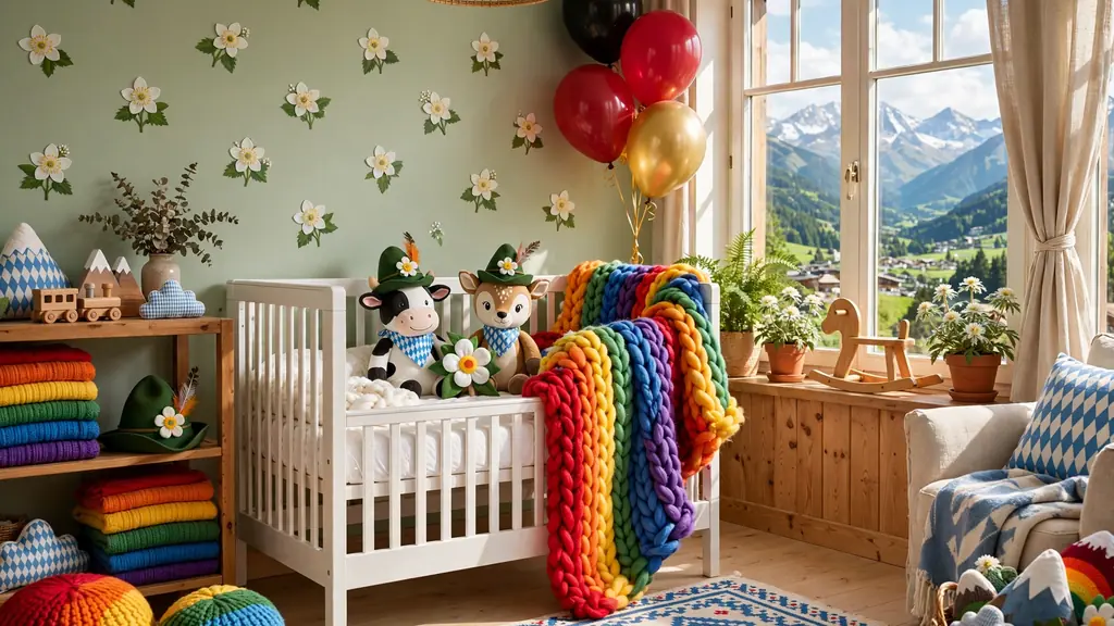 Bright baby nursery with colorful German alpine accents and rainbow blanket