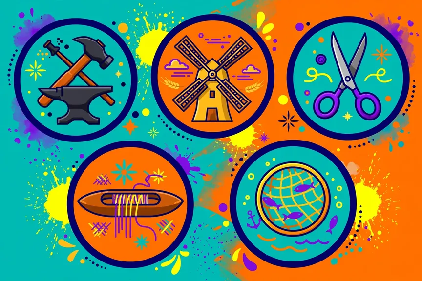 Colorful badges of German craft trades like blacksmith, miller and tailor on teal and orange