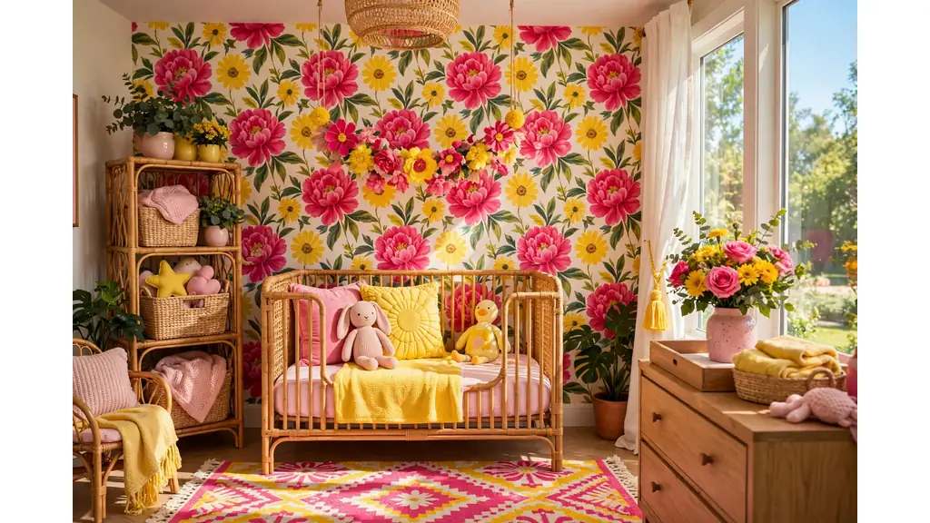 Bright baby girl nursery with colorful floral accents in bold pink and yellow