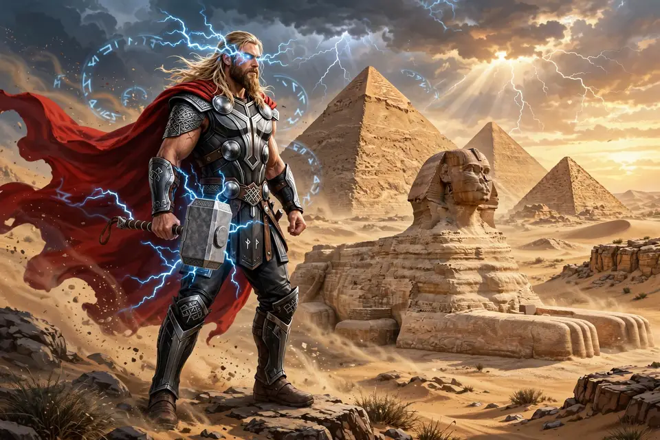 Norse and Egyptian gods with Thor and pyramids art