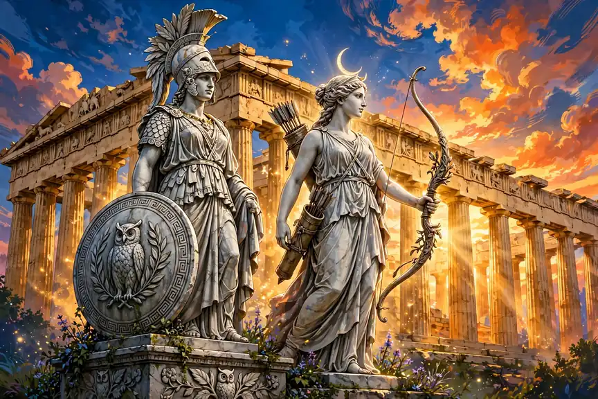 Vibrant illustration of Greek goddess statues of Athena and Artemis against a colorful sunset sky
