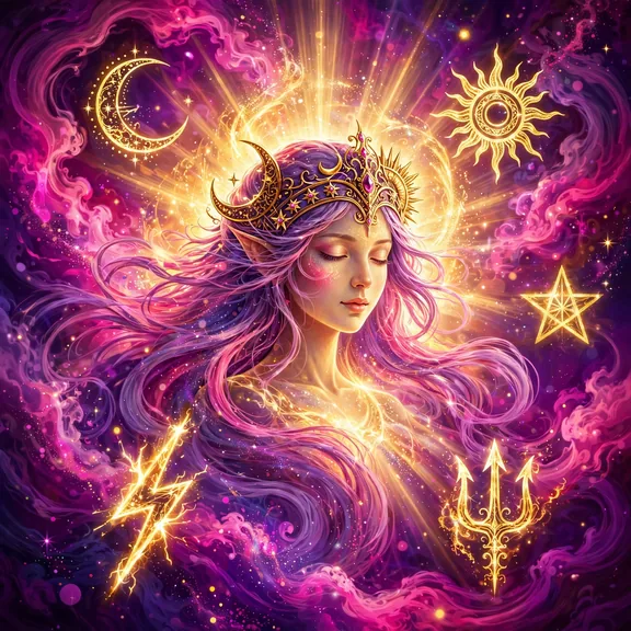 Mystical colorful illustration of a glowing goddess aura with moon, sun and star symbols representing name meanings