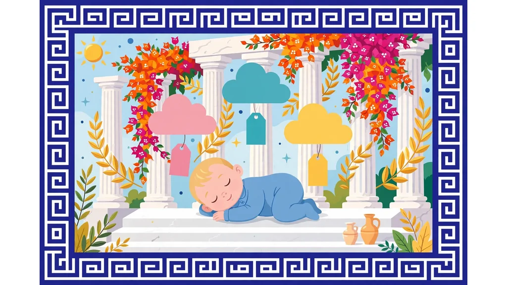 Colorful illustration of Greek columns and flowers for popular Greek baby names