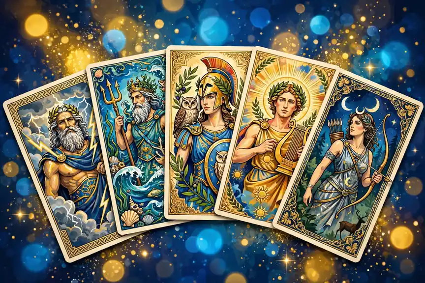 Colorful illustrated cards of Greek gods in bright gold and blue for Greek mythology god names