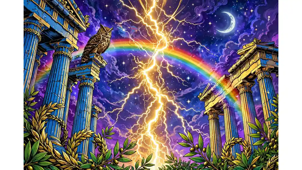 Epic colorful illustration of lightning, columns and laurel for Greek mythology names