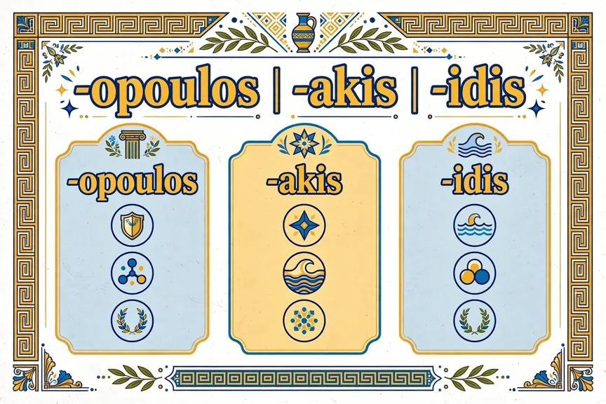 Colorful diagram of Greek surname endings in Aegean blue and gold showing son-of patterns