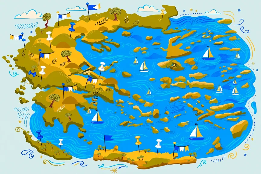 Vibrant map of Greece and surrounding regions with colorful surname tags in blue, white and gold