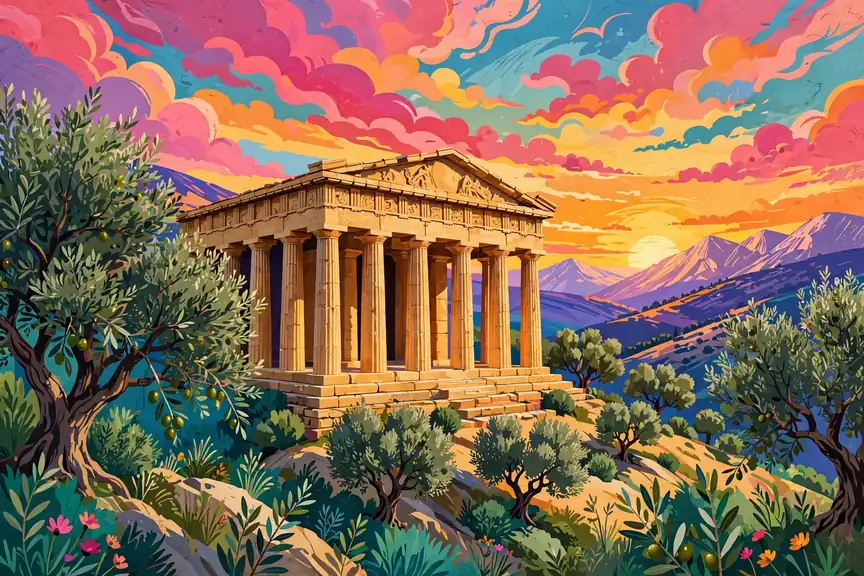 Bright ancient Greek temple scene with colorful sunset sky for Greek mythology hero names