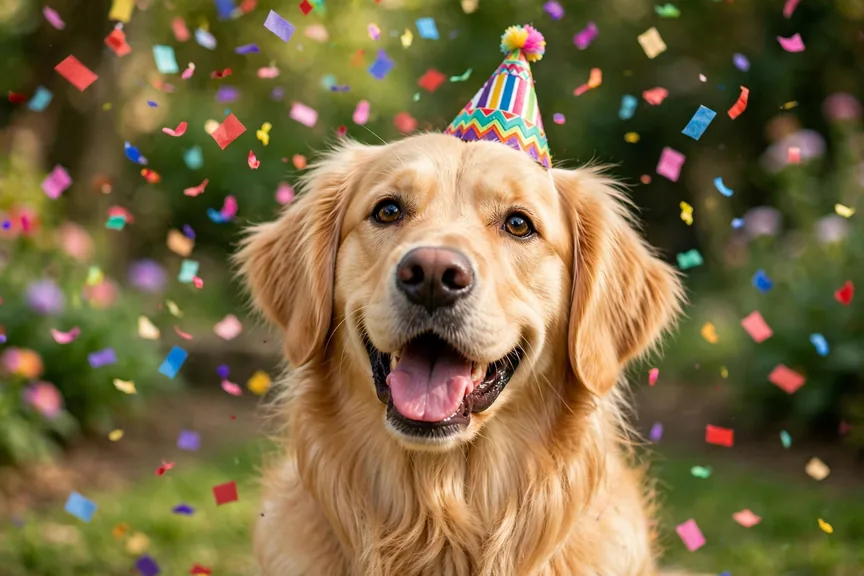 Happy dog wearing a colorful party hat with confetti falling