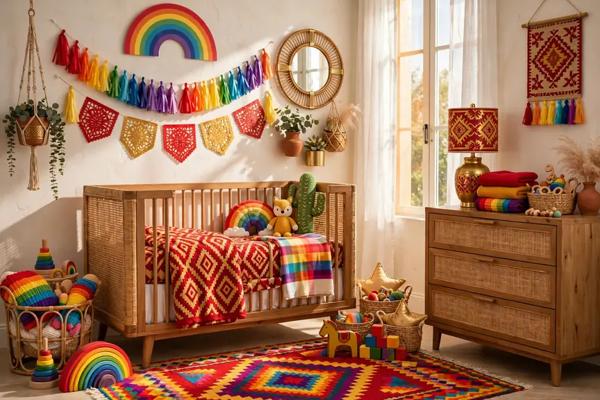 Bright colorful Hispanic baby boy nursery with rainbow decor and bold name blocks