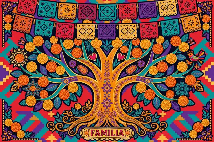 Vibrant family tree illustration with bold colorful branches and Latin American motifs