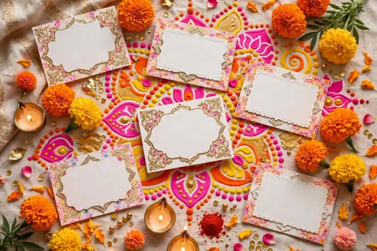Indian girl names on festive colorful marigold cards