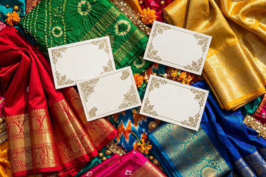 Vibrant collage of Indian regional textiles with colorful surname cards in bold saturated colors