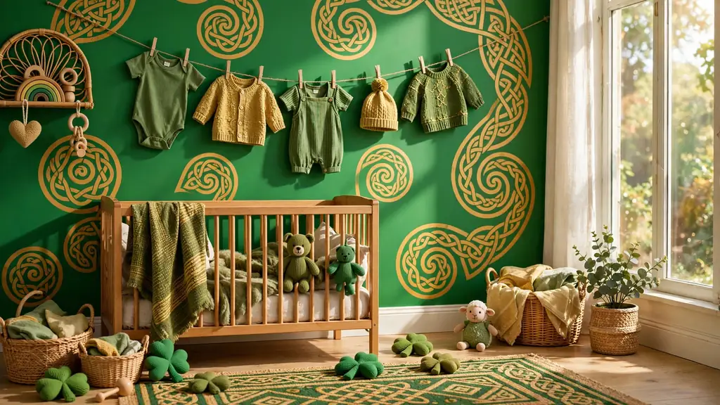 Colorful Irish baby boy nursery scene with emerald green walls, golden Celtic patterns, and baby clothes