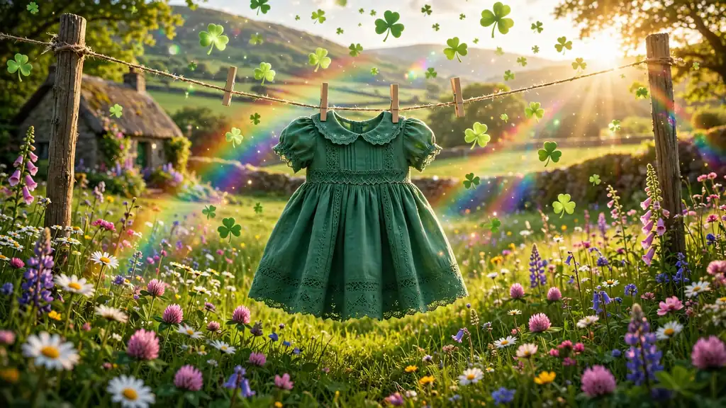 Vibrant Irish-themed scene for baby girl names with emerald meadow flowers, floating shamrocks, and golden sunlight