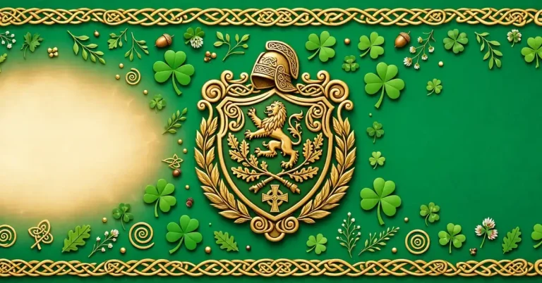 Vibrant emerald green illustration of Irish last names with shamrocks and Celtic knotwork