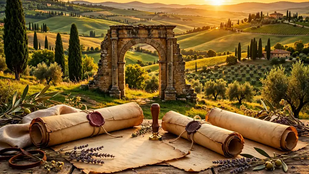 Ancient Roman stone arch in Tuscany with old family scrolls and documents on a wooden table