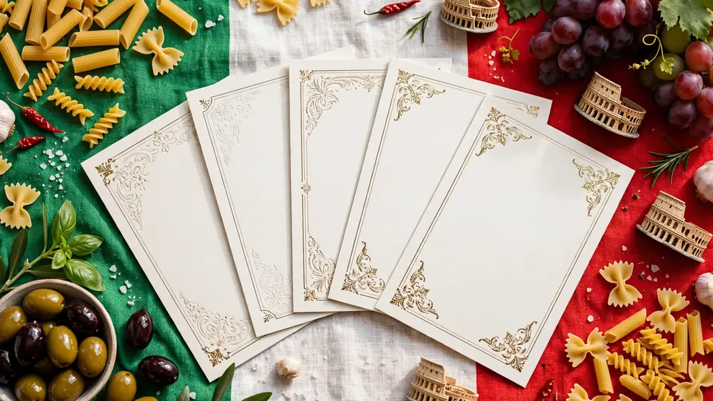 Italian surname cards fanned out on a green, white, and red tablecloth with pasta, olives, and grapes