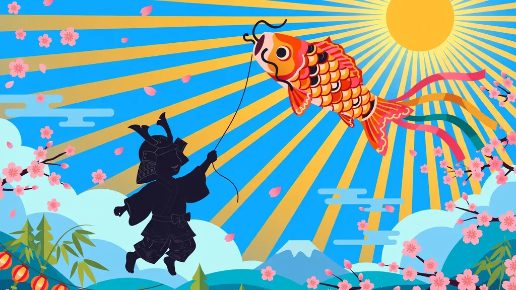 Colorful illustration of a boy in a red kimono flying a koi kite for popular Japanese boy names