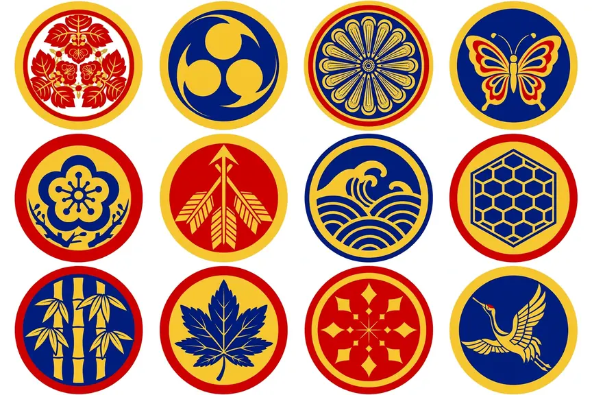Colorful Japanese family crests in red, gold and deep blue circular emblems