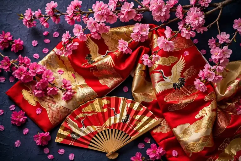 Vibrant Japanese cherry blossom scene with kimono fabric and folding fan in bold pink, red and gold colors