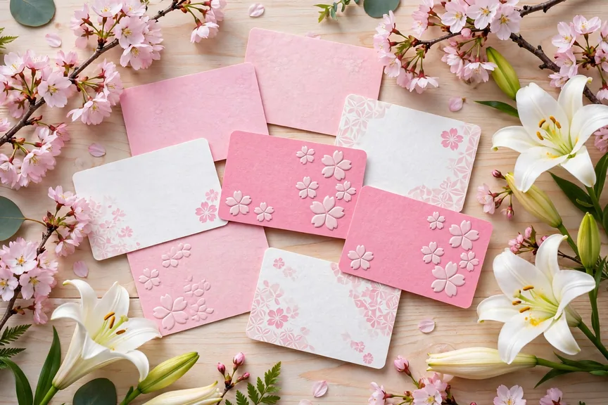 Colorful Japanese flower name cards in pink and white surrounded by cherry blossoms and lilies