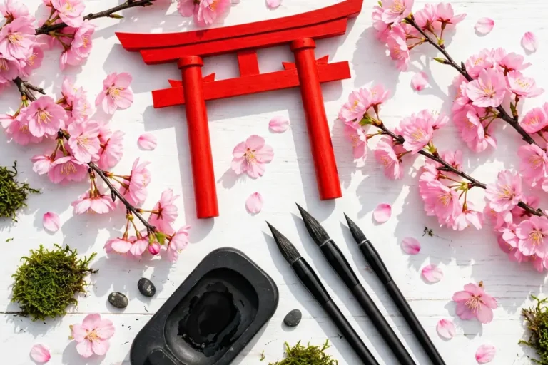 Vibrant Japanese-themed flat lay with red torii gate, cherry blossoms and calligraphy brushes in bold saturated colors