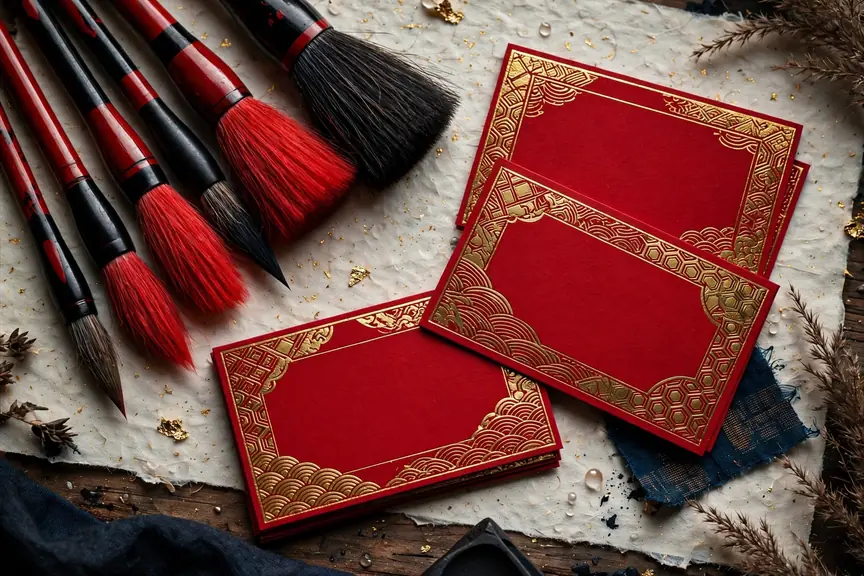 Colorful Japanese calligraphy brushes and name cards in crimson and gold, traditional masculine theme