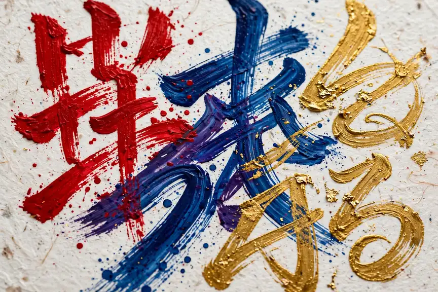 Colorful Japanese kanji brushstrokes in red, blue and gold on white paper