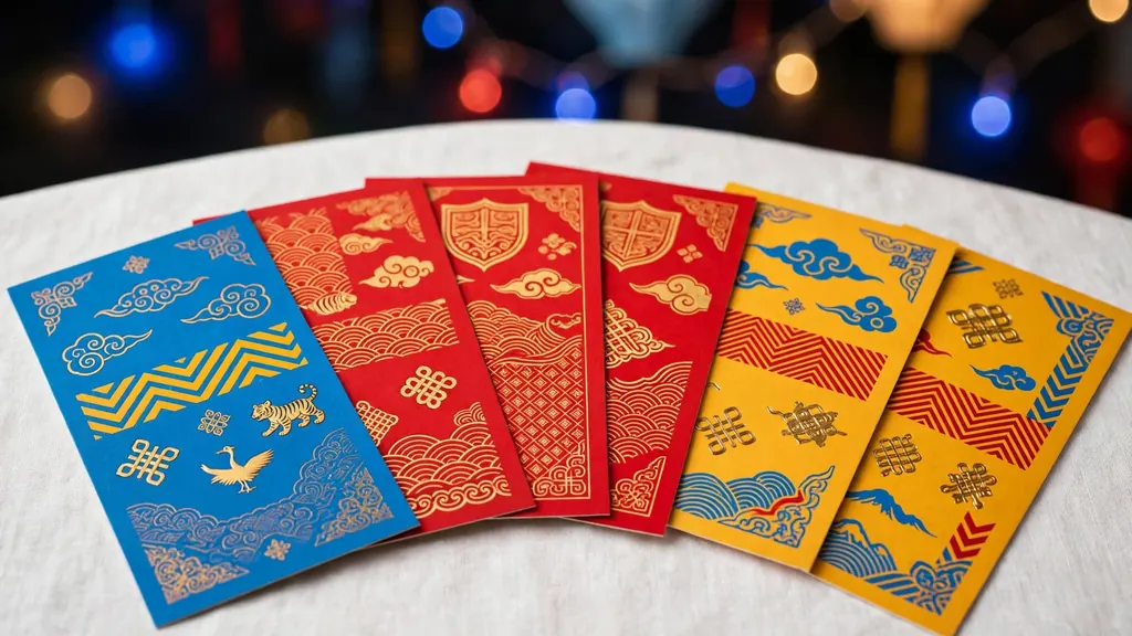 Fanned-out Korean boy name cards in blue, red and gold