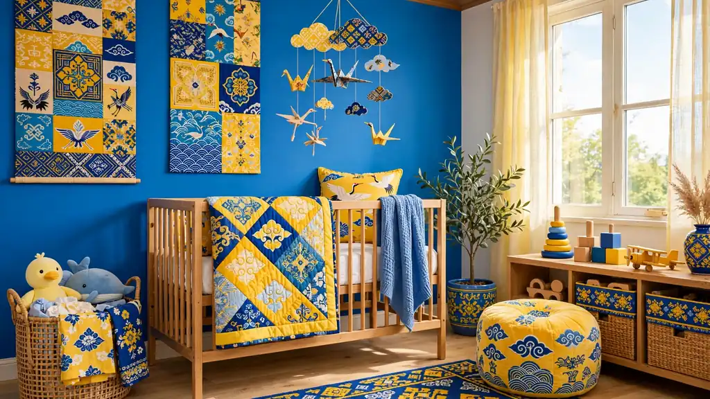 Bright baby boy nursery with colorful Korean folk pattern accents