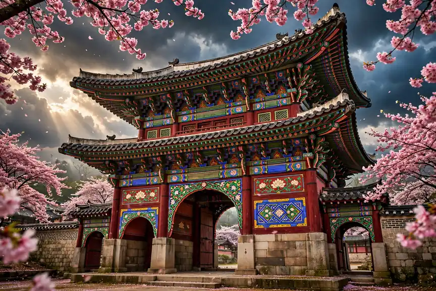 Korean palace gate with colorful dancheong patterns framed by cherry blossoms