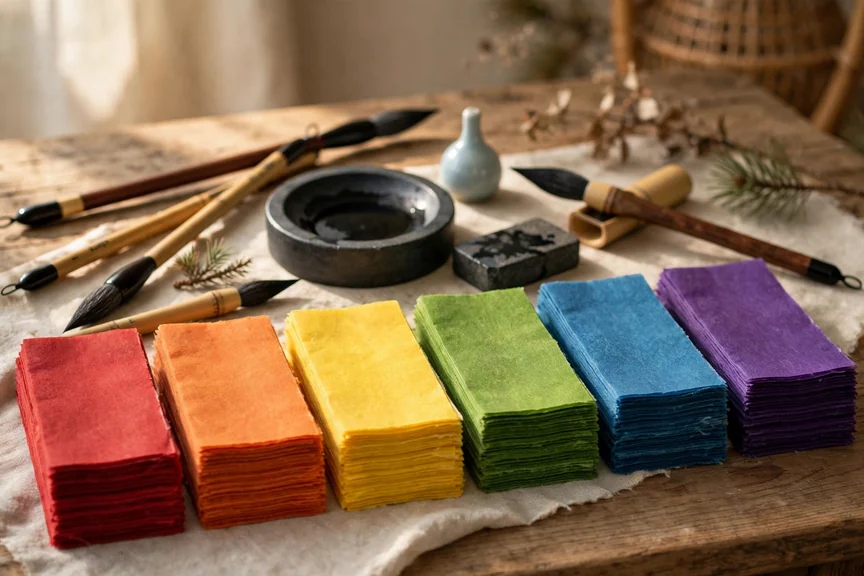 Korean calligraphy brushes and rainbow hanji paper, traditional art supplies