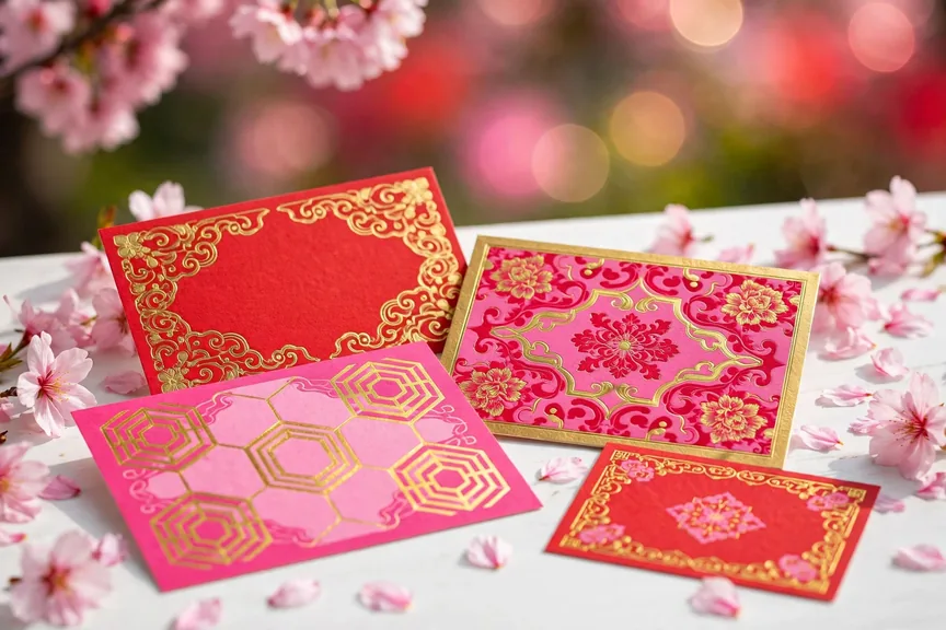 Colorful Korean-inspired name cards with cherry blossom petals in pink, red and gold