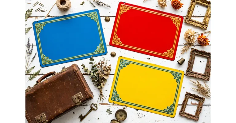 Vibrant flat-lay of colorful vintage family name signs in bold blue, red, and yellow on a white wooden table