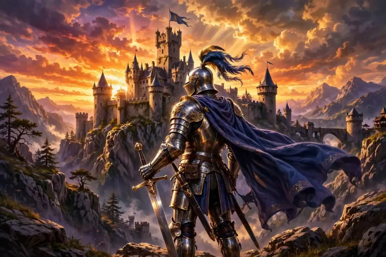 Medieval names list with knight and castle themed artwork