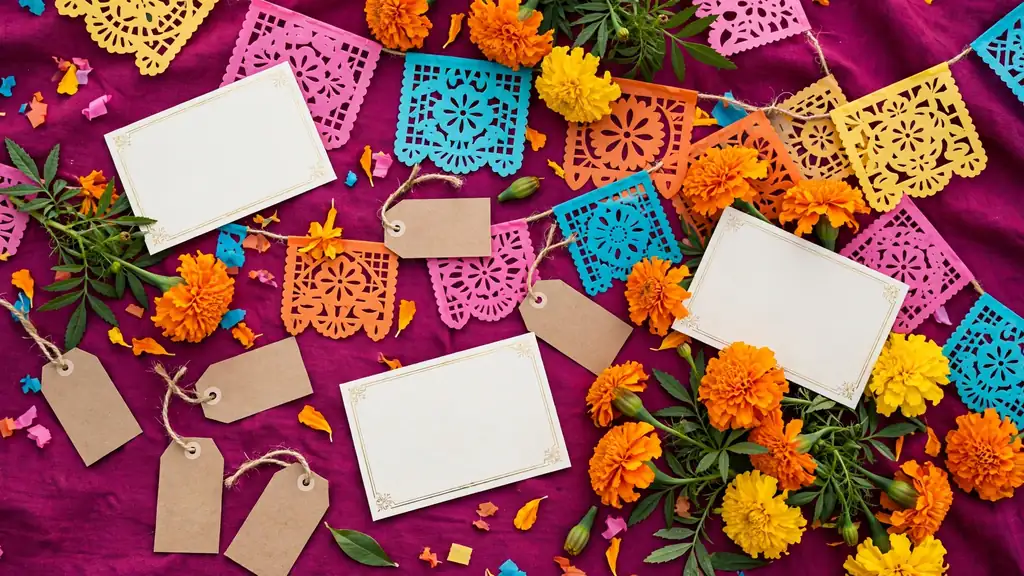 Colorful Mexican papel picado banners with marigolds and decorative name cards in fiesta colors
