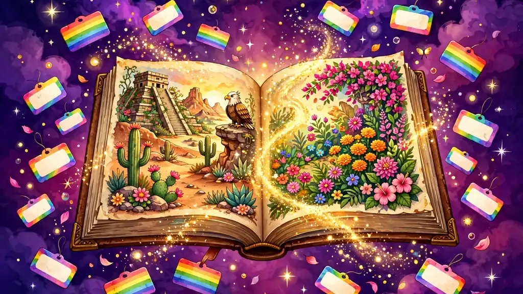 Magical open storybook with Mexican pyramid desert and blooming flowers showing the meanings behind Mexican boy names