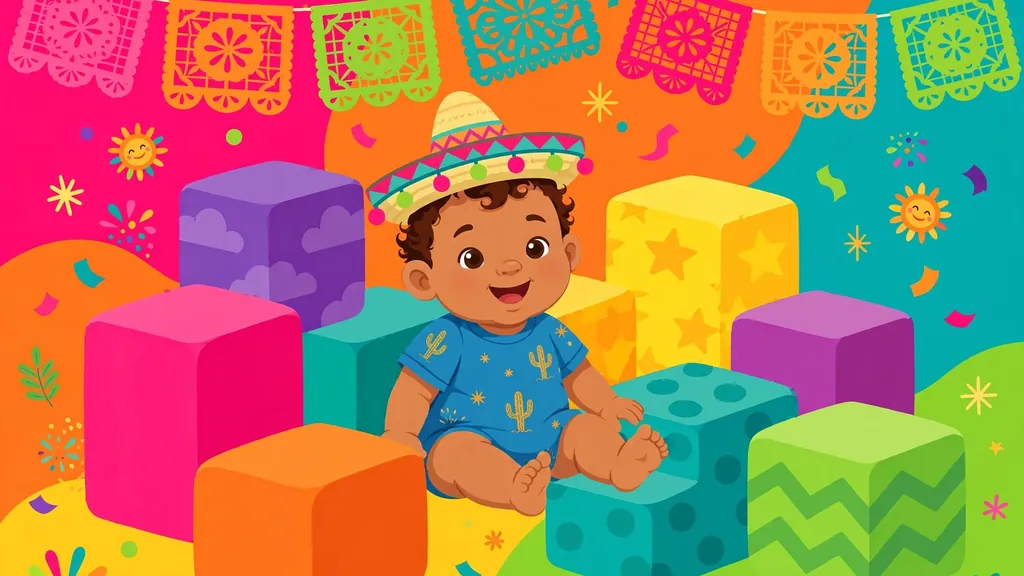 Happy Latino baby boy in a tiny sombrero surrounded by rainbow alphabet blocks and colorful papel picado banners